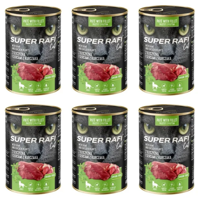 SUPER RAFI Cat s divočákem a kuřecími srdci 6x400g konzervy pro kočky