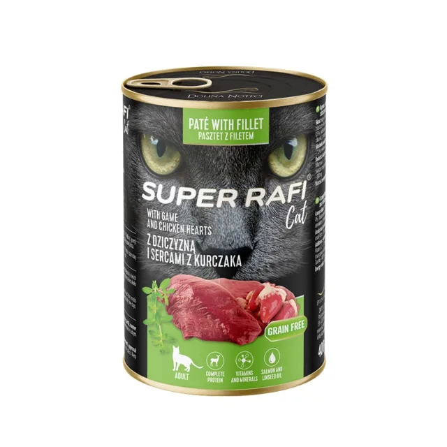 SUPER RAFI Cat s divočinou a kuřecími srdci 400g konzerva pro kočky