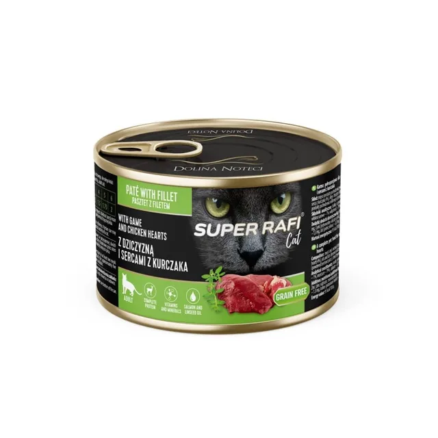 SUPER RAFI Cat s divočinou a kuřecími srdíčky 185g konzerva pro kočky