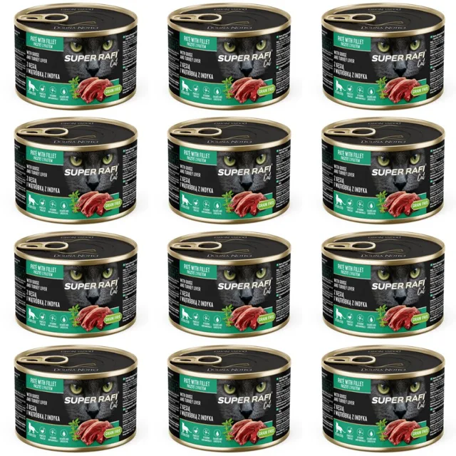 SUPER RAFI Cat s husím masem a krůtími játry 12x185g konzervy pro kastrované kočky