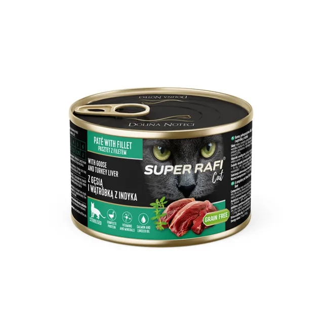SUPER RAFI Cat s husím masem a krůtími játry 185g konzerva pro kastrované kočky