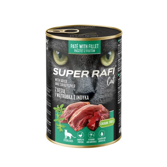 SUPER RAFI Cat s husím masem a krůtími játry 400g konzerva pro kastrované kočky