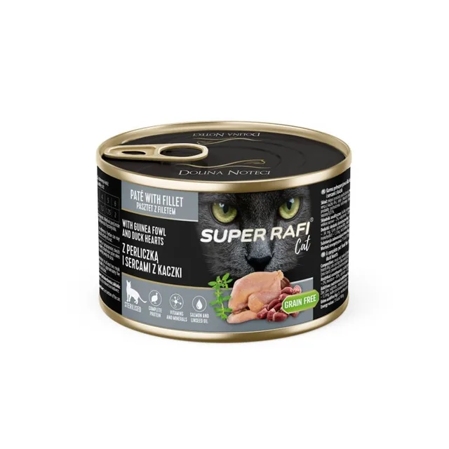 SUPER RAFI Cat s perličkou a srdíčky z kachny 185g konzerva pro kastrované kočky