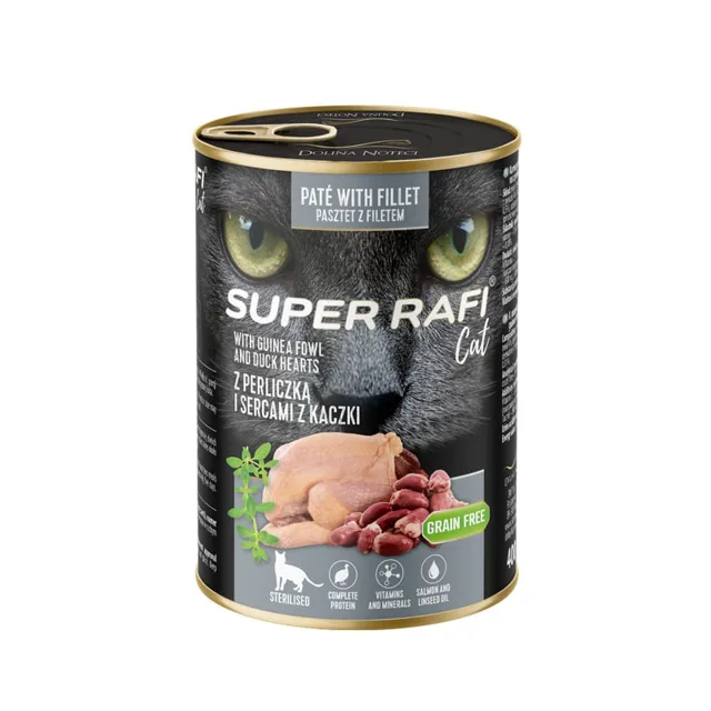 SUPER RAFI Cat s perličkou a srdíčky z kachny 400g konzerva pro kastrované kočky