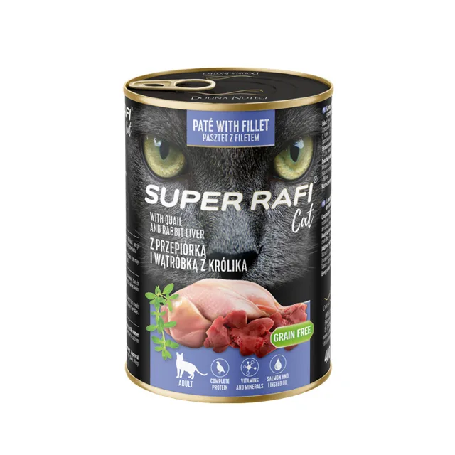 SUPER RAFI Cat s přepeličím masem a králičími játry 400g konzerva pro kočky