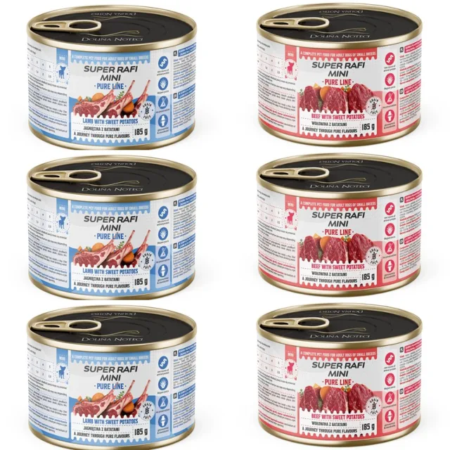 SUPER RAFI Mini Pure Line mix 2 příchutí s batáty 6x185g konzervy pro psy malých plemen