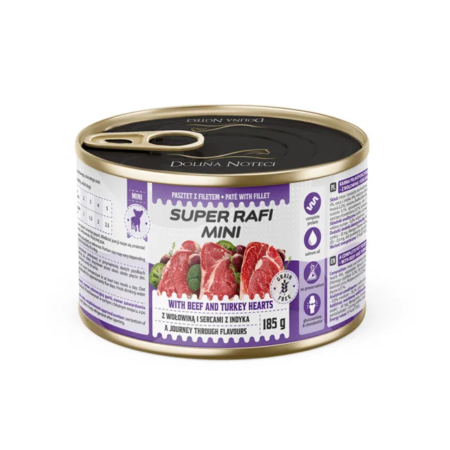 SUPER RAFI Mini s hovězím masem a krůtími srdci 185g konzerva pro psy malých plemen