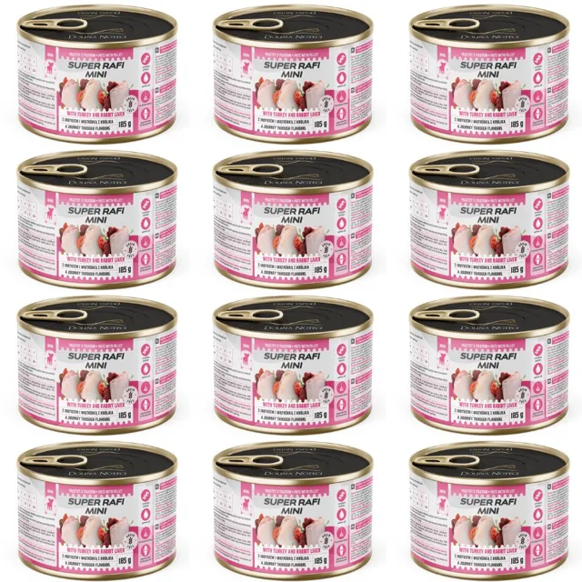 SUPER RAFI Mini s krůtím masem a králičími játry 12x185g konzervy pro psy malých plemen