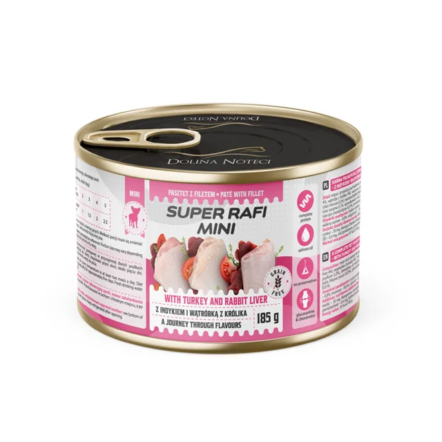 SUPER RAFI Mini s krůtím masem a králičími játry 185g konzerva pro psy malých plemen