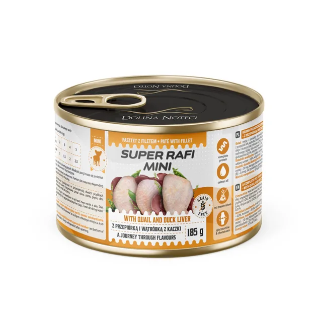 SUPER RAFI Mini s přepeličím masem a kachními játry 185g konzerva pro psy malých plemen