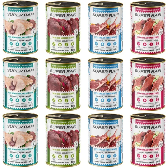 SUPER RAFI Mix 4 Chutí 12x400 g konzervy pro psy
