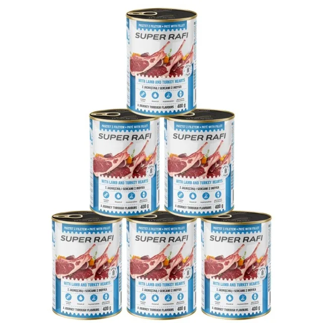 SUPER RAFI s jehněčím masem a krůtími srdci 6x400 g krmivo pro psy