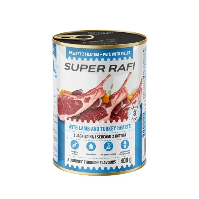 SUPER RAFI s jehněčím masem a srdíčky krůty 400 g krmivo pro psy
