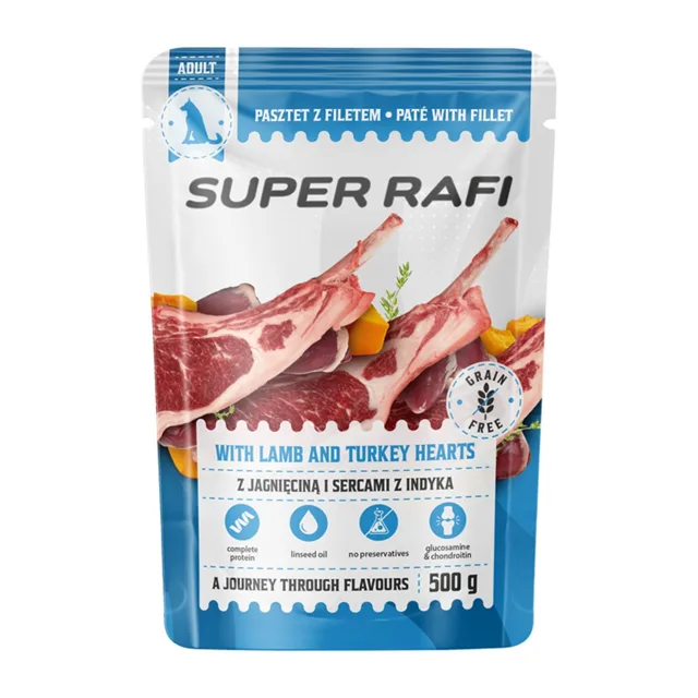 SUPER RAFI s jehněčími a krůtími srdíčky 500 g mokré krmivo pro psy