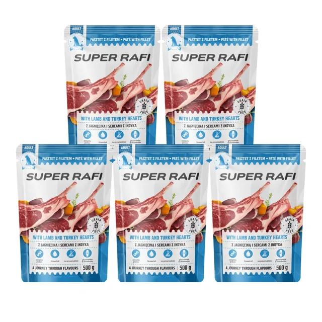 SUPER RAFI s jehněčími a krůtími srdíčky 5x500 g mokré krmivo pro psy