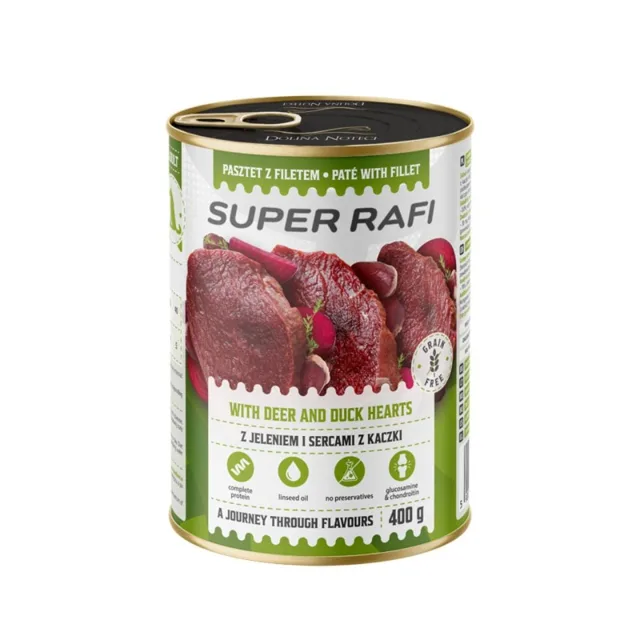SUPER RAFI s jelenem a srdíčky z kachny 400 g krmivo pro psy