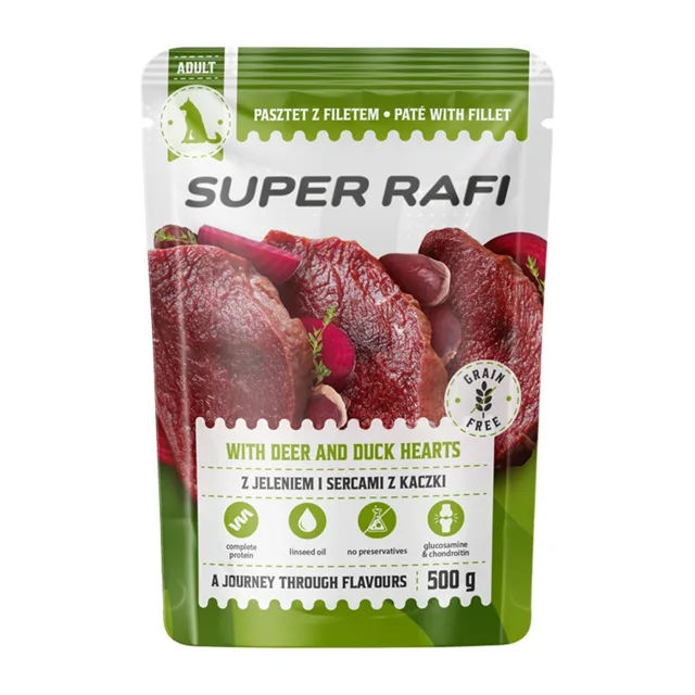 SUPER RAFI s jeleními a kachními srdci 500 g mokré krmivo pro psy