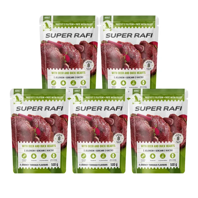 SUPER RAFI s jeleními a kachními srdíčky 5x500 g mokré krmivo pro psy