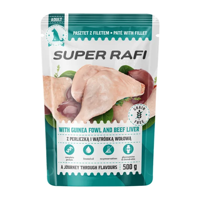 SUPER RAFI s perličkou a hovězími játry 500 g mokré krmivo pro psy