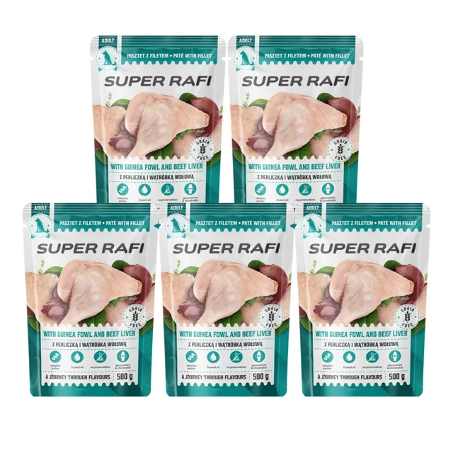 SUPER RAFI s perličkou a hovězími játry 5x500 g mokré krmivo pro psy