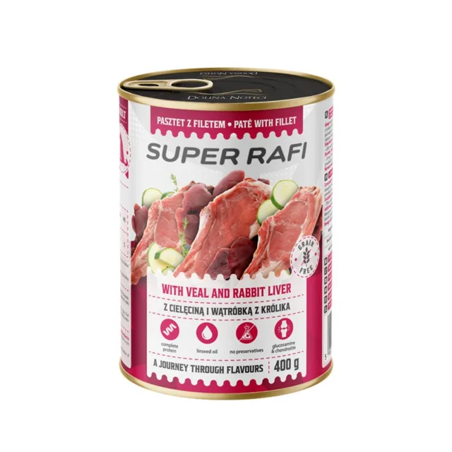 SUPER RAFI s telecím a játry z králíka 400 g krmivo pro psy