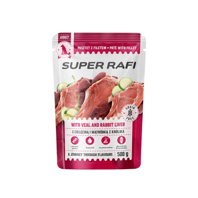 SUPER RAFI s telecím masem a králičími játry pro psy 500 g krmivo pro psy
