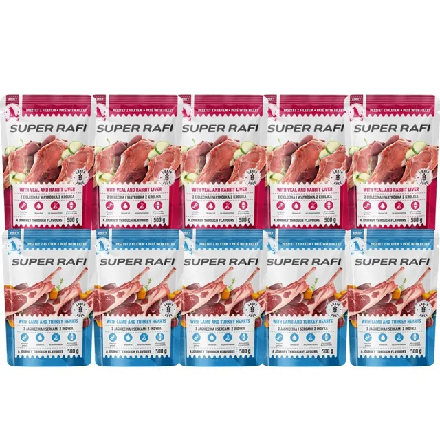 SUPER RAFI Směs chutí s jehněčím, krůtím a králičími srdíčky 10x500 g mokré krmivo pro psy