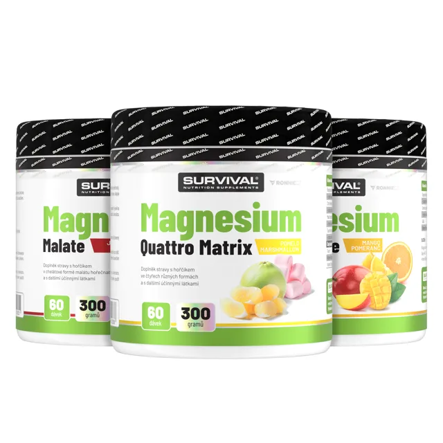 Survival Magnesium Triple Pack 1+1+1 (Bisglycinat + Malát + Quattro) višeň + jahoda + jablko