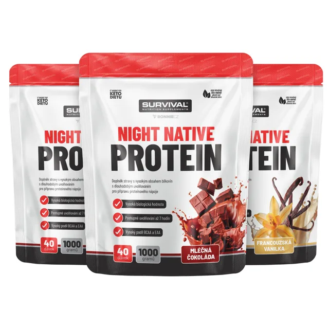 Survival Night Native Protein 1000 g  AKCE  2+1 ZDARMA 2x čokoláda+ 1x vanilka