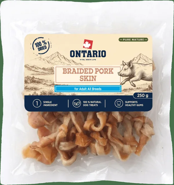 Sušená vepřová kůže Ontario Pure Nature pletená 250 g