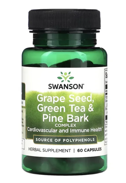 Swanson Grape Seed, Green Tea & Pine Bark Complex,  polyfenoly z hroznových semen, zeleného čaje a kůry borovice, 60 kapslí