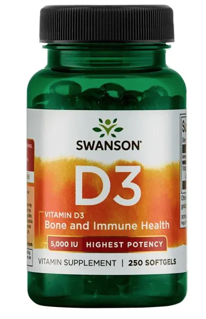 Swanson Vitamin D3, 5000 IU, 250 softgel kapslí