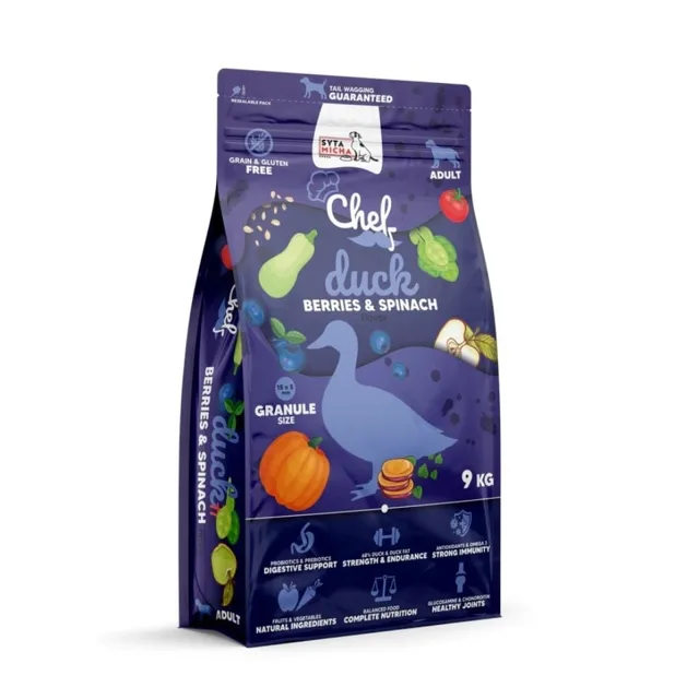SYTA MICHA Chef Kachna, borůvky a špenát 9 kg suché krmivo pro psy