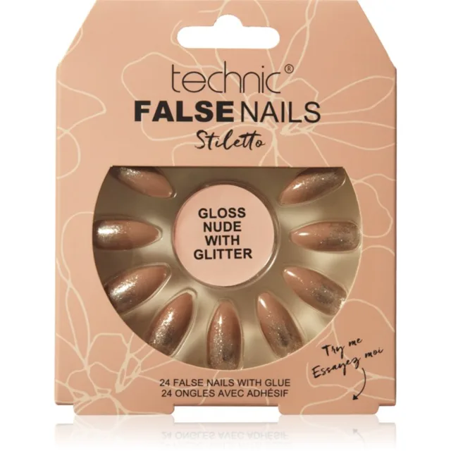 Technic Cosmetics False Nails Stiletto umělé nehty Gloss Nude with Glitter 24 ks
