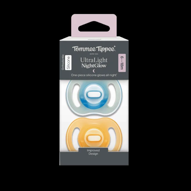 Tommee Tippee Silikonový dudlík Ultra-Light Night 6-18m 2 ks oranžová a modrá