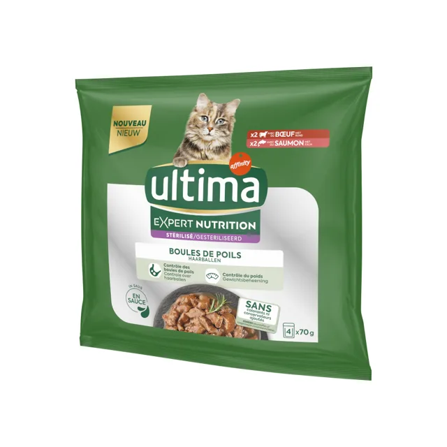 Ultima Cat Expert Nutrition Hairball hovězí a losos - výhodné balení: 44 ks (44 x 70 g)
