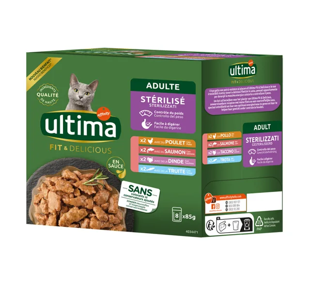 Ultima Sterilised Cat 48 x 85 g - Mix I (kuřecí, krůtí, losos, pstruh)