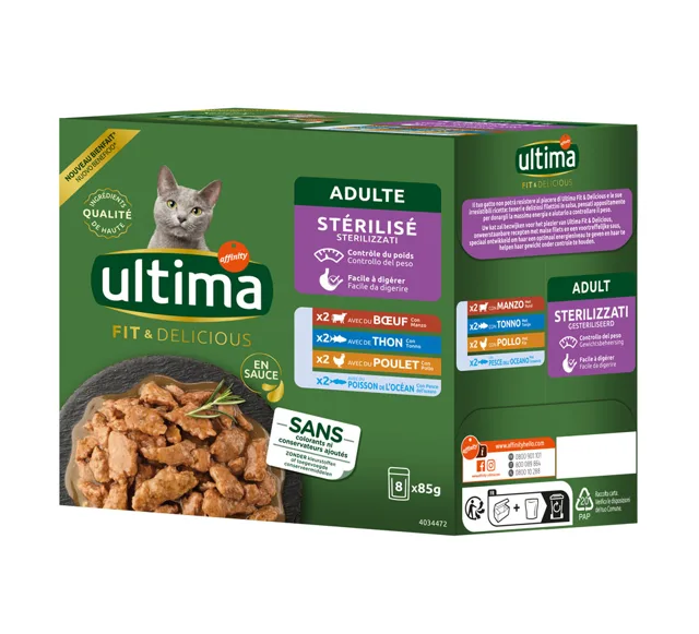 Ultima Sterilised Cat 48 x 85 g - Mix II (kuřecí, hovězí, tuňák, mořské ryby)