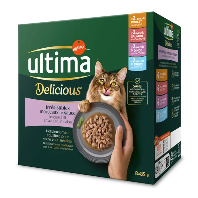 Ultima Sterilised Cat 8 x 85 g - Mix I (kuřecí, krůtí, losos, pstruh)