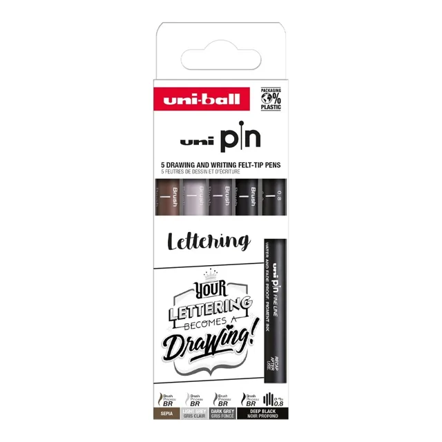 UNI PIN Creative Writting - Lettering, sada linerů mix barev - 5 ks (0,8 mm/ BR)