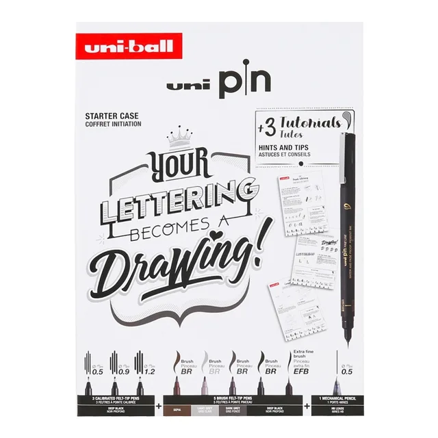 UNI PIN sada Lettering - dárkový box, 8 linerů + SHALAKU mikrotužka, mix barev