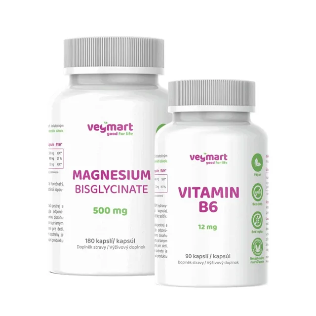 Vegmart Hořčík bisglycinát 500 mg, 180 kapslí + Vegmart Vitamín B6 12 mg, 90 kapslí (sada)