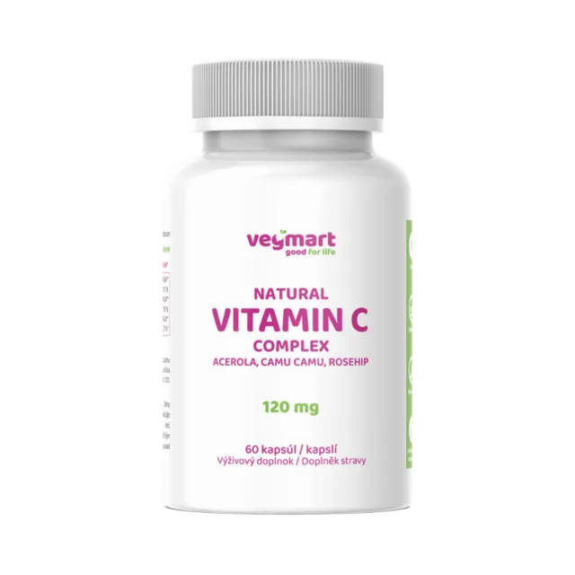 Vegmart Přírodní vitamín C 120 mg – Acerola, Camu camu, Šipky, 60 kapslí