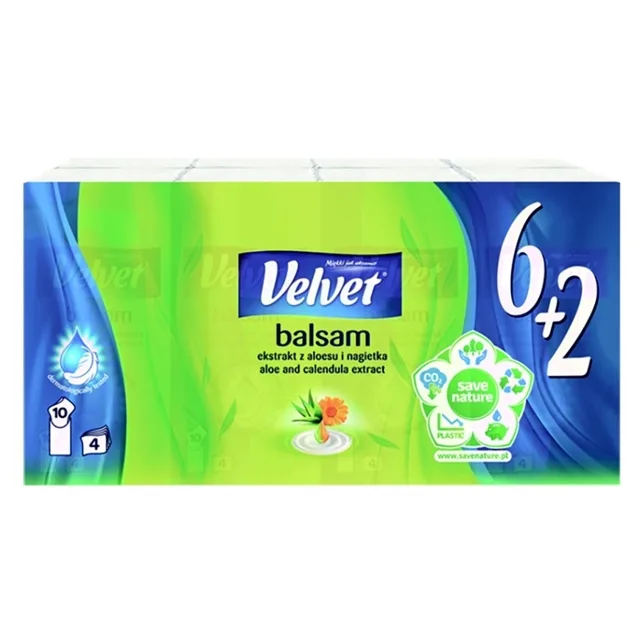 VELVET Papírové kapesníky 4-vrstvé Balsam 8 x 10 kusů