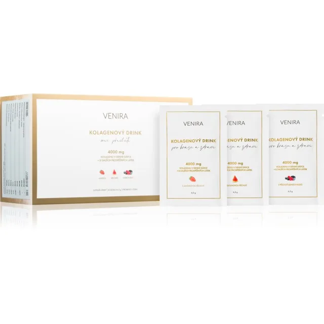 Venira Kolagenové drinky prášek na přípravu nápoje pro krásné vlasy, pleť a nehty příchuť Strawberry, watermelon, wild berries 30x6,3 g
