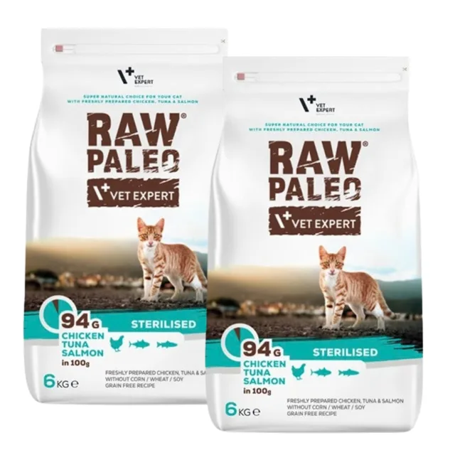 VET EXPERT Raw Paleo Sterilised Chicken&amp;Tuna&amp;Salmon pro kastrované kočky 2x6 kg