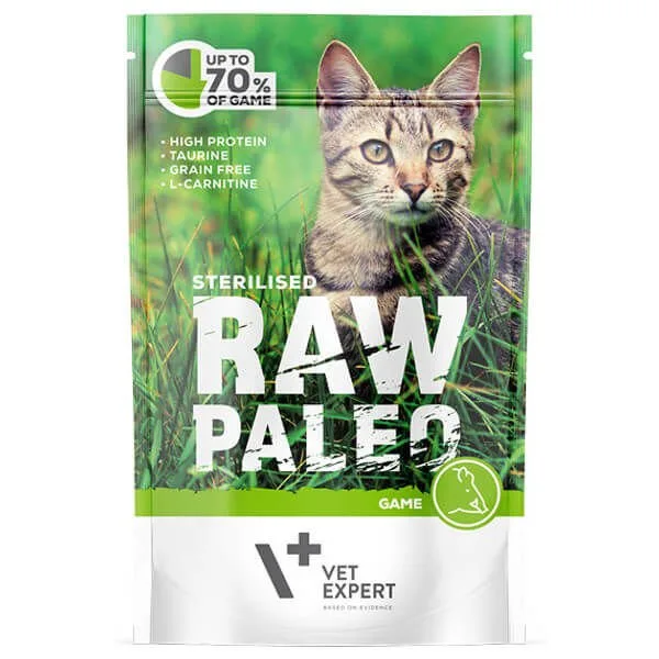 VETEXPERT RAW PALEO Sterilised Game 100g zvěřinová kapsička pro kastrované kočky
