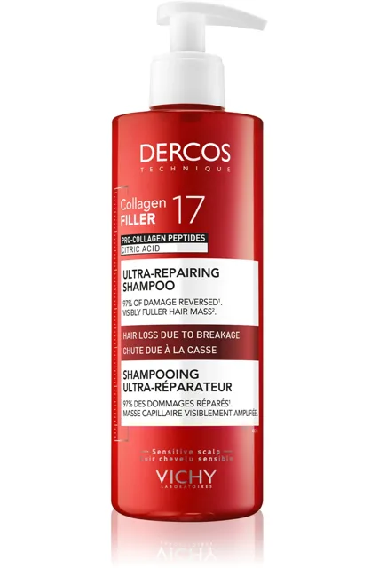 Vichy Dercos Collagen Filler 17 hloubkově regenerační šampon proti lámavosti vlasů 400 ml, (poškozený aplikátor)