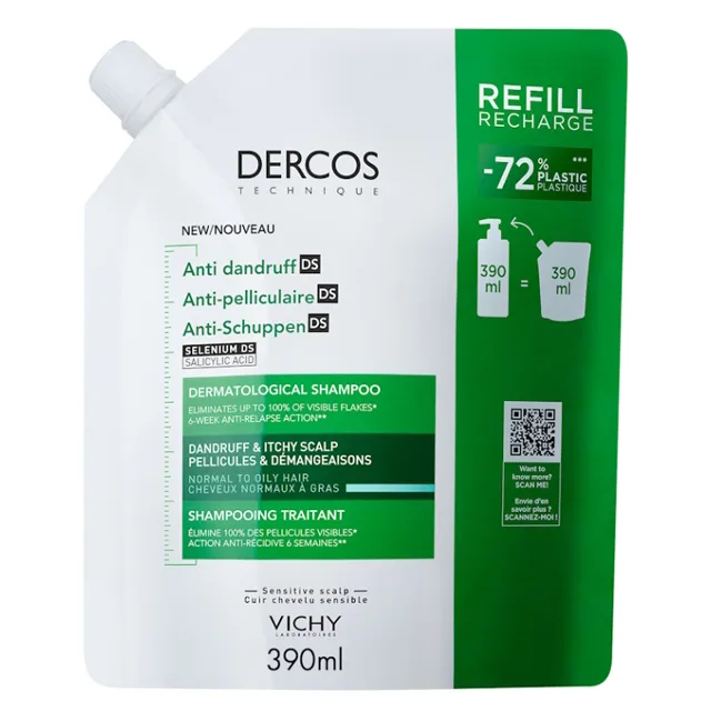 VICHY DERCOS Šampon proti lupům mastné vlasy - náhradní náplň 390ml