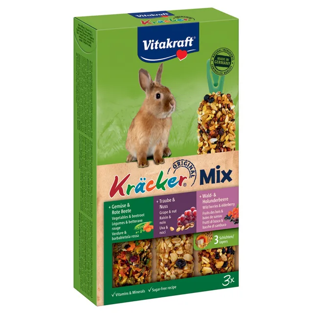 Vitakraft krekry Trio-Mix pro zakrslé králíky - 3 x 3 mix (popcorn, zelenina, hrozny)
